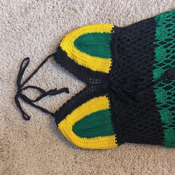 Crochet Boho Halter Style Lined Midi Dress Green Black Yellow XS/S - Picture 2 of 11